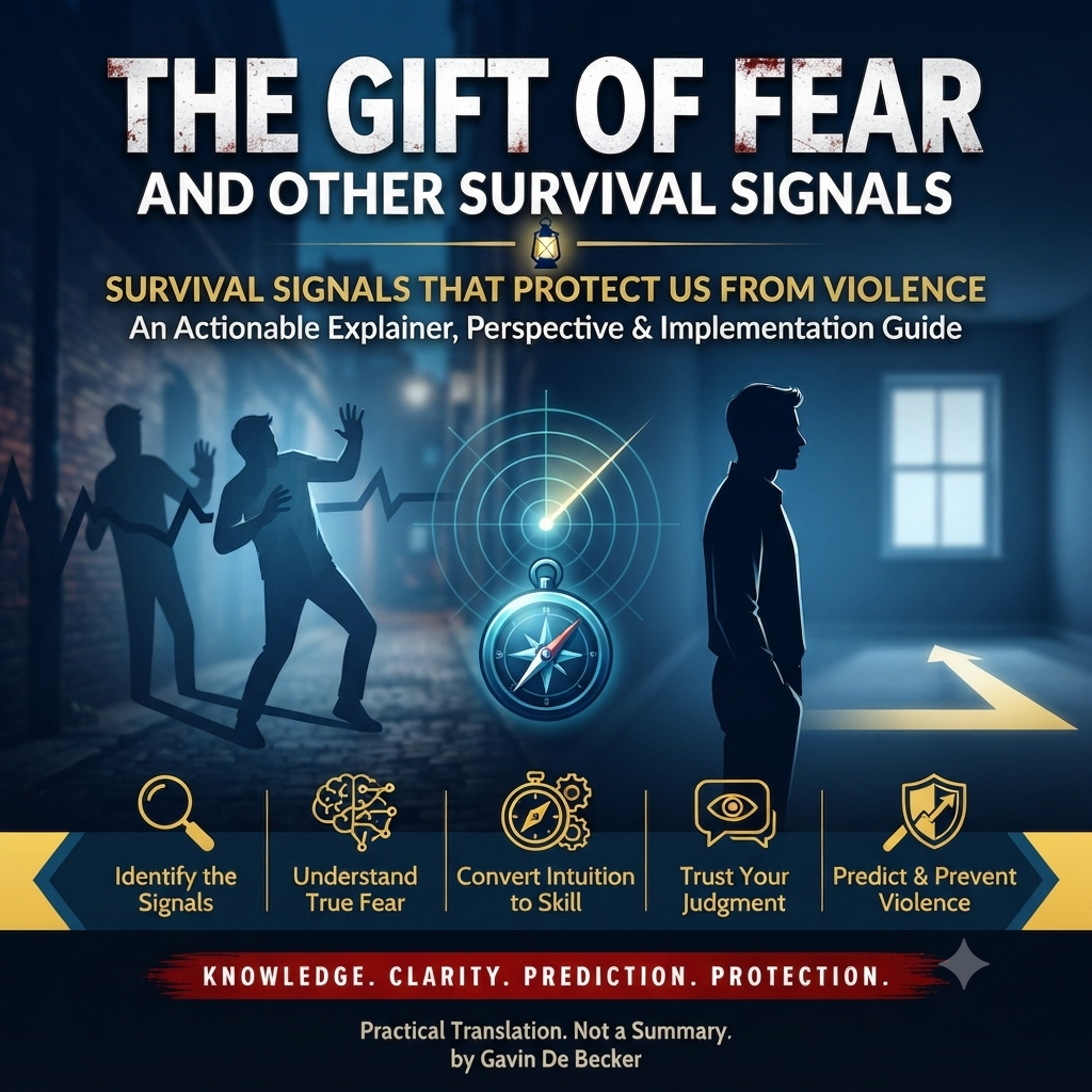 Book cover for 'The Gift of Fear and Other Survival Signals' by Gavin De Becker, featuring a dark blue and black background with silhouettes of people, a compass, and yellow and white text.