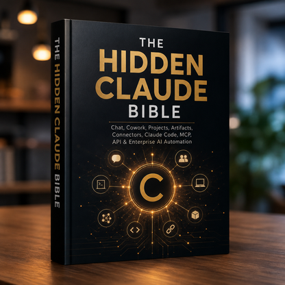 The Hidden Claude Bible showing futuristic AI concepts and advanced Anthropic Claude prompt engineering guides.