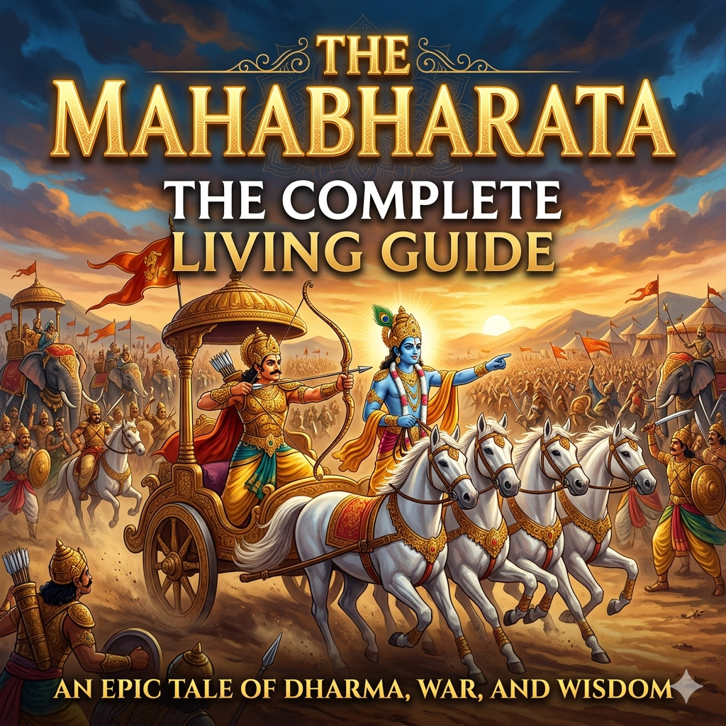 The Mahabharata: The Complete Living Guide featuring classical epic artwork illustrating ancient wisdom and ethical leadership.