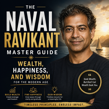 The Naval Ravikant Master Guide: Wealth, Happiness, and Wisdom for the Modern Age featuring clean typography on building leverage, financial freedom, and peace.