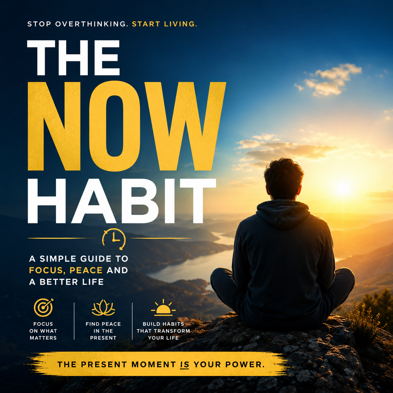 The Now Habit: Stop Procrastinating, Start Living featuring dynamic graphics illustrating time management, guilt-free play, and stress-free productivity.