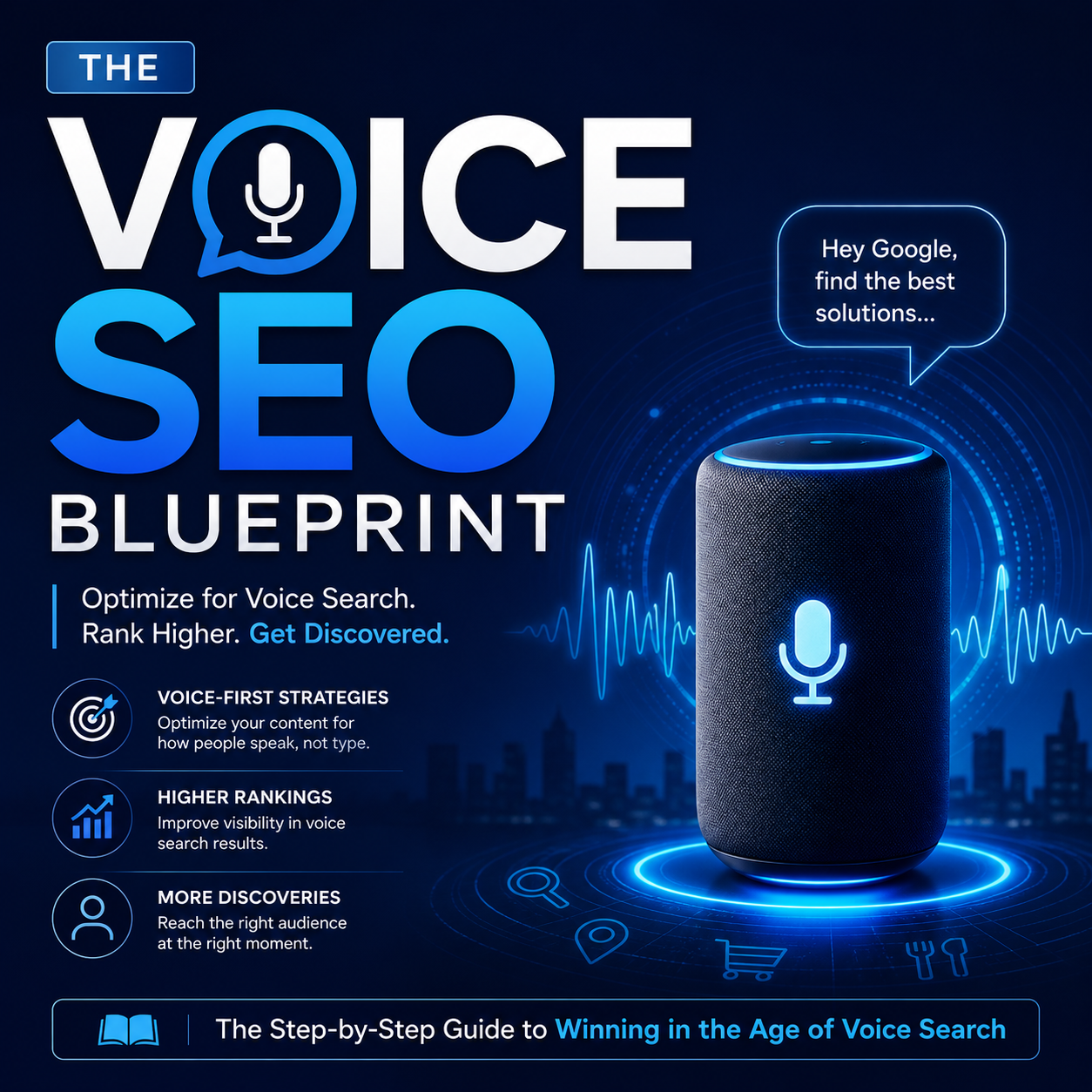 The Voice SEO Blueprint digital guide featuring conversational query optimization checklists, Speakable schema diagrams, and voice assistant ranking frameworks.