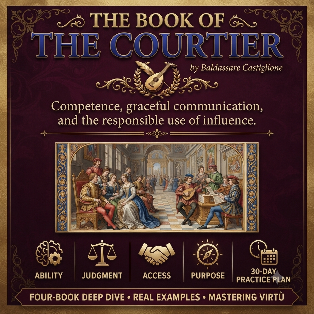 Front cover of a book titled "The Book of the Courtier" by Baldassare Castiglione, with ornate gold and blue typography on a dark burgundy background and a central classical painting of a court scene. Below the title, the subtitle reads, "Competence, graceful communication, and the responsible use of influence.