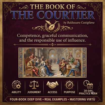 Front cover of a book titled "The Book of the Courtier" by Baldassare Castiglione, with ornate gold and blue typography on a dark burgundy background and a central classical painting of a court scene. Below the title, the subtitle reads, "Competence, graceful communication, and the responsible use of influence.
