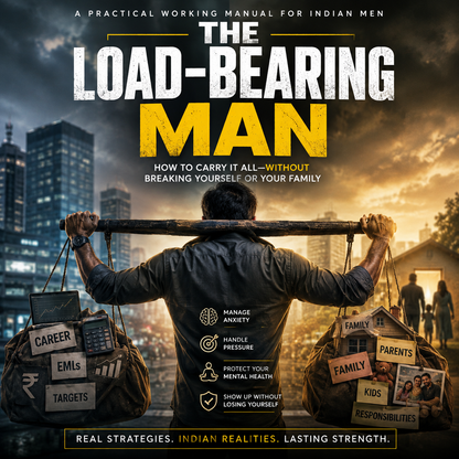 Book cover for 'The Load-Bearing Man' featuring a man from behind carrying two large sacks on his shoulders in a city setting at sunset. The title is prominently displayed at the top in white and yellow text, with subtitle text about carrying burdens without breaking himself or family.
