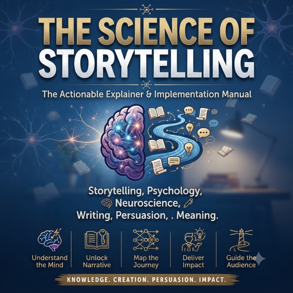 Book cover for 'The Science of Storytelling' featuring a dark blue background with a stylized brain and winding blue path illustration, large gold and white title text, and feature icons along the bottom.