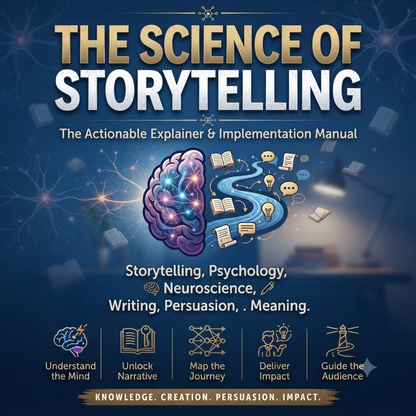 Book cover for 'The Science of Storytelling' featuring a dark blue background with a stylized brain and winding blue path illustration, large gold and white title text, and feature icons along the bottom.