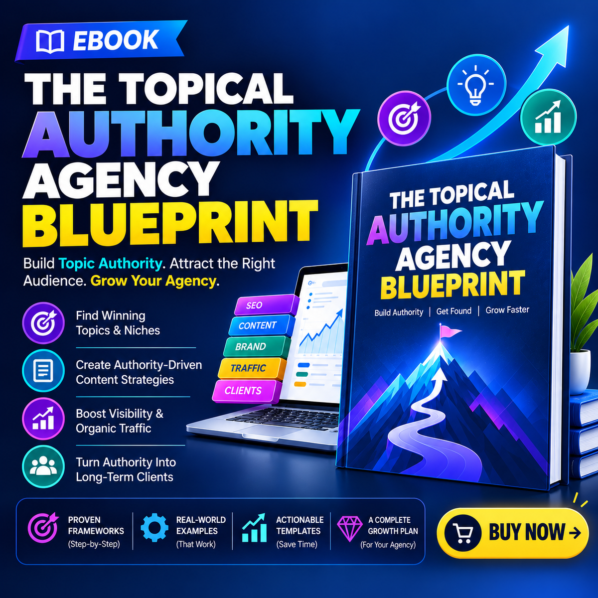 Promotional graphic for an eBook titled "The Topical Authority Agency Blueprint" on a dark blue background. The design includes large headline text, feature icons, a laptop, and a standing book cover with the same title.