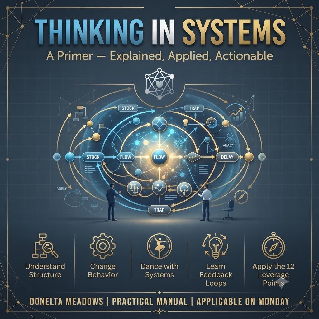 Book cover for 'Thinking in Systems: A Primer' by Donelta Meadows, featuring a dark blue background with a central circular flow diagram, gold and blue typography, and five key learning points at the bottom.