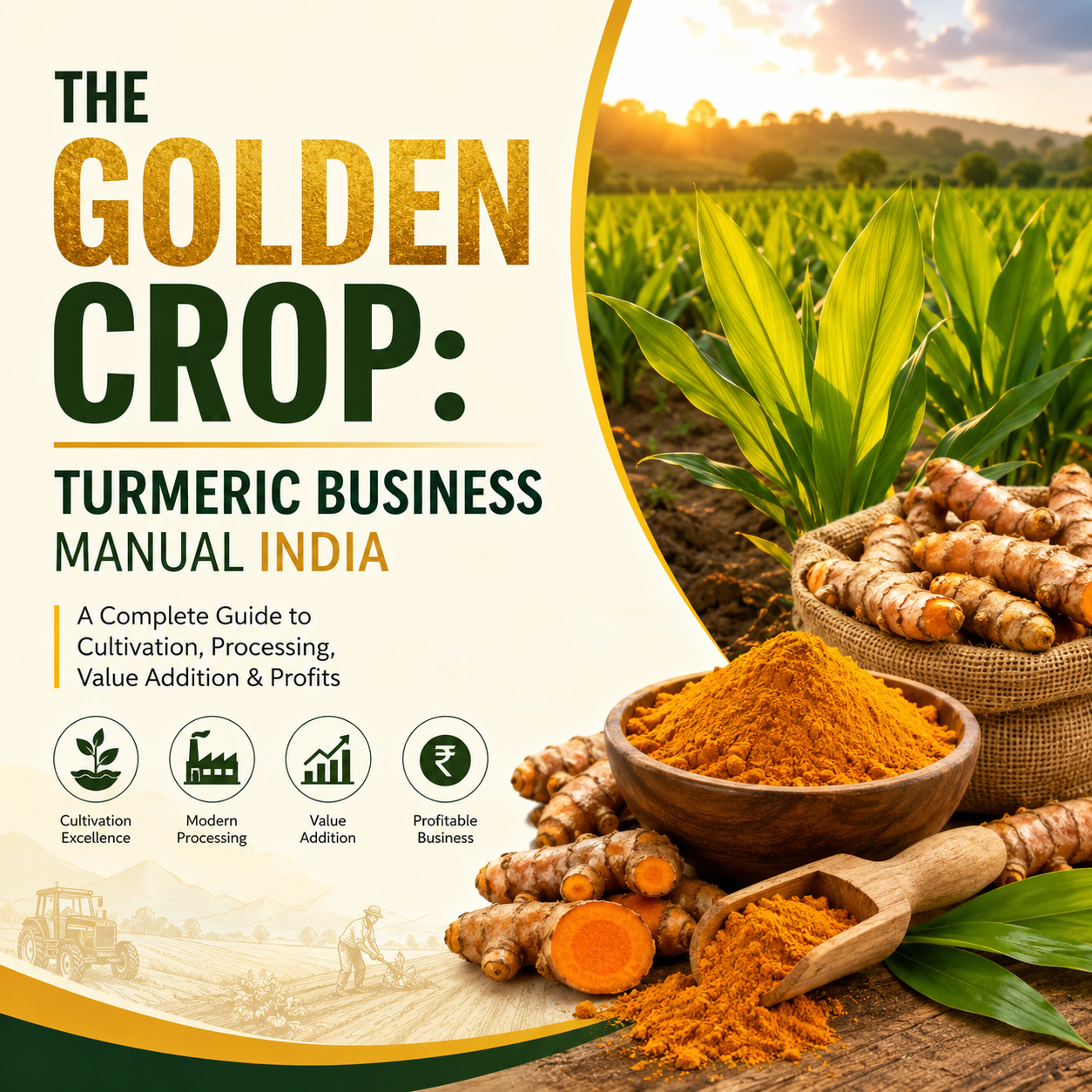 Book cover for 'The Golden Crop: Turmeric Business Manual India' featuring a cream background with bold green and gold text, a photo of a turmeric field at sunset, and bowls of turmeric root and powder on a rustic table.