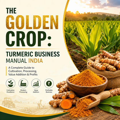 Book cover for 'The Golden Crop: Turmeric Business Manual India' featuring a cream background with bold green and gold text, a photo of a turmeric field at sunset, and bowls of turmeric root and powder on a rustic table.