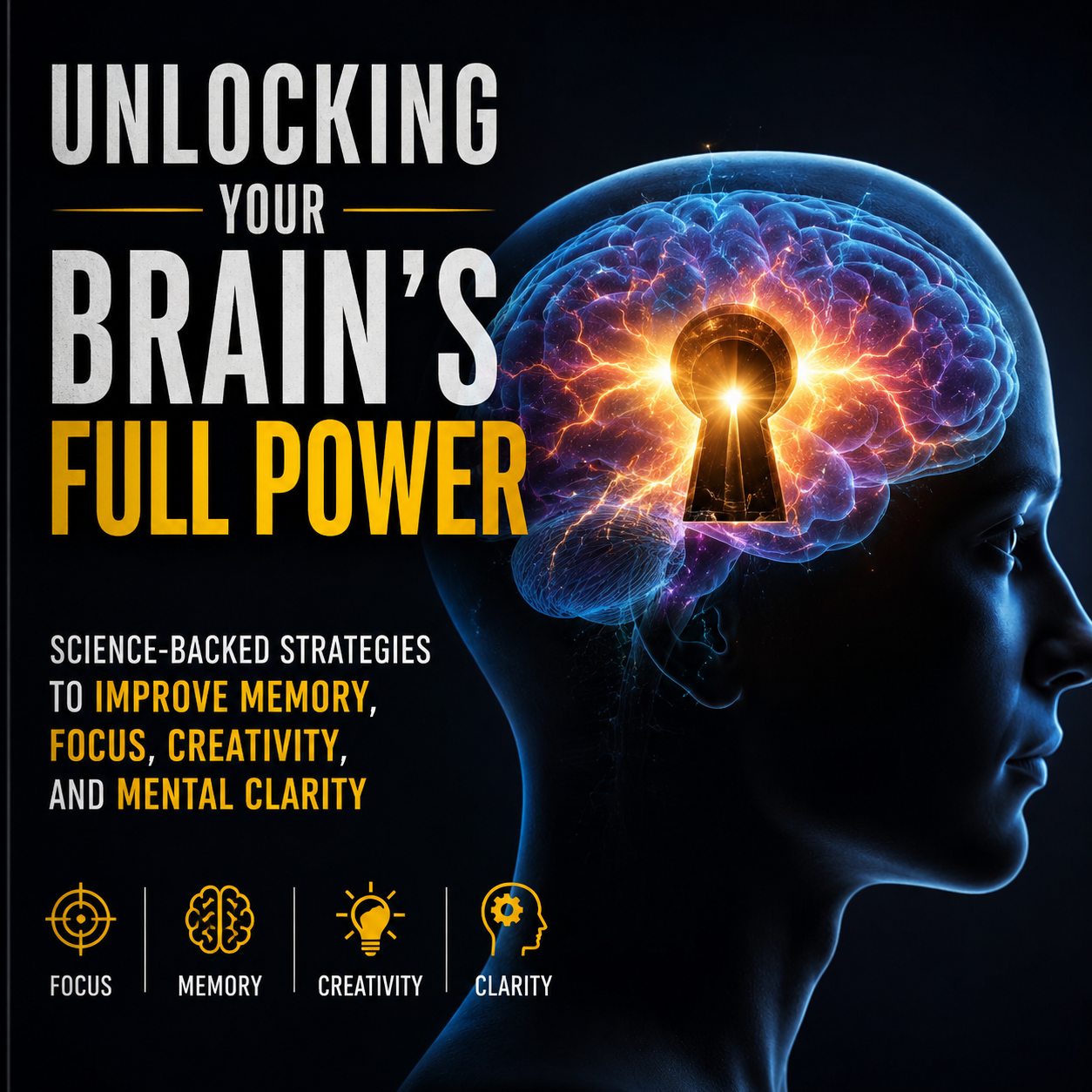 Front cover of Unlocking Your Brain's Full Power book displaying a modern concept of cognitive enhancement and focus