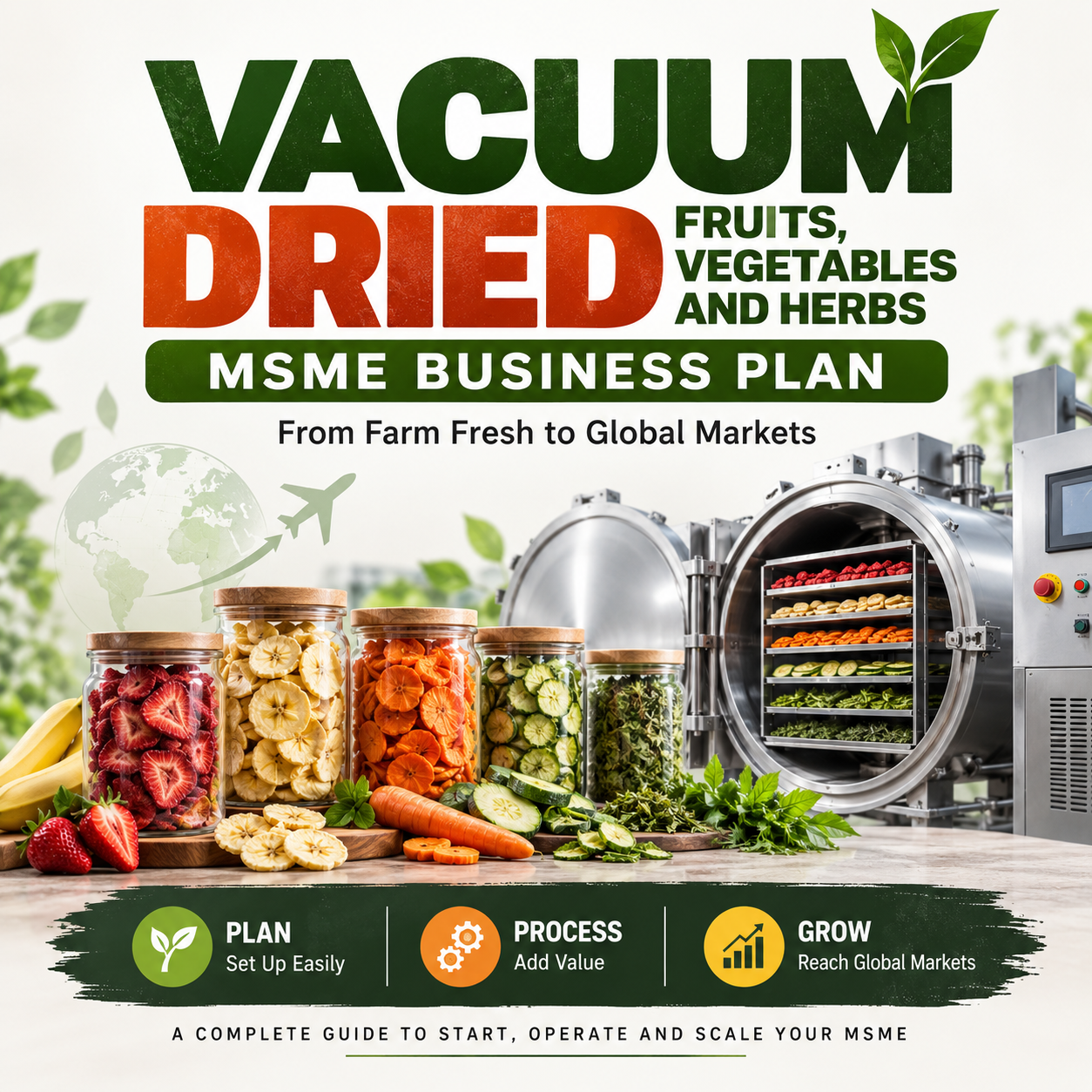 Promotional graphic for a 'Vacuum Dried Fruits, Vegetables and Herbs' MSME business plan, featuring a large green and orange title, a modern industrial vacuum dryer, and several glass jars filled with colorful dried vegetables and fruits on a light background.