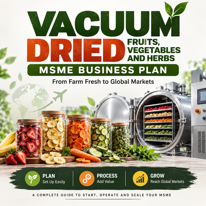 Promotional graphic for a 'Vacuum Dried Fruits, Vegetables and Herbs' MSME business plan, featuring a large green and orange title, a modern industrial vacuum dryer, and several glass jars filled with colorful dried vegetables and fruits on a light background.