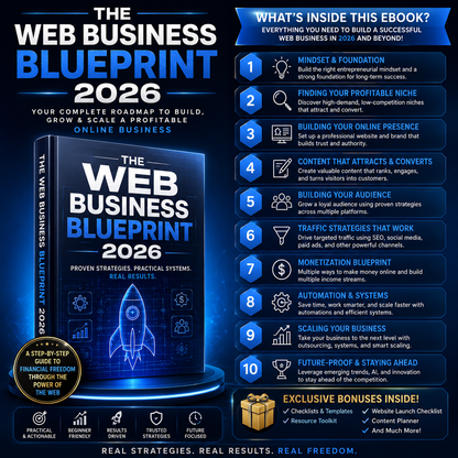 The Web Business Blueprint 2026 illustrating the end-to-end framework from traffic generation and conversion funnels to recurring revenue optimization.
