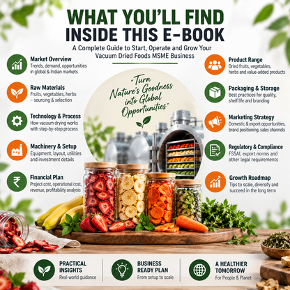 An infographic titled 'WHAT YOU'LL FIND INSIDE THIS E-BOOK' with the subtitle 'A Complete Guide to Start, Operate and Grow Your Vacuum Dried Foods MSME Business.' The layout features a large central illustration of glass jars filled with dried fruits, vegetables, herbs, and spices, surrounded by icons and text outlining key topics such as market overview, raw materials, technology, packaging, marketing strategy, financial plan, and growth roadmap.