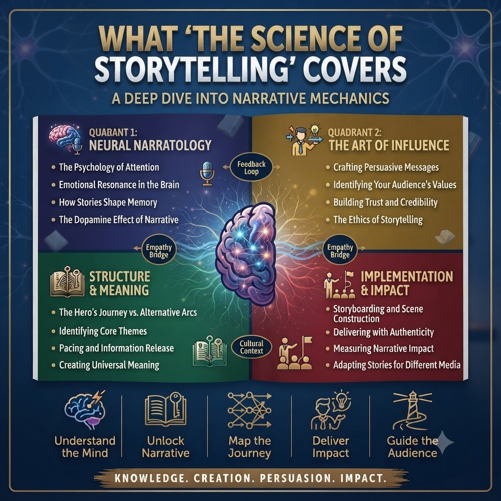 An infographic-style cover graphic with the title 'What 'The Science of Storytelling' Covers' and a central brain illustration over four colored quadrants labeled Neural Narratology, The Art of Influence, Structure & Meaning, and Implementation & Impact. A row of icons and short text appears along the bottom on a dark starry background.