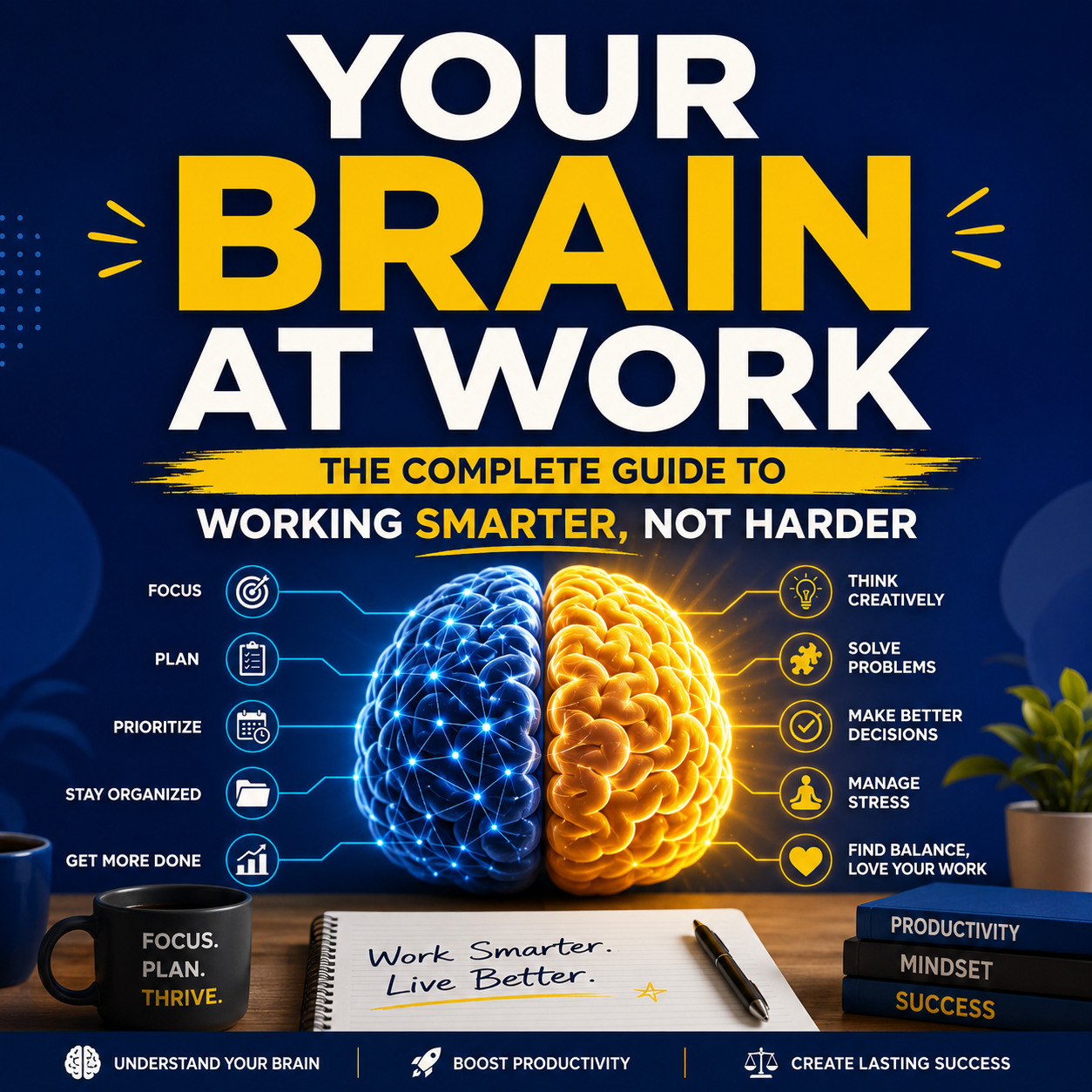 Your Brain at Work: The Complete Guide to Working Smarter, Not Harder featuring conceptual imagery of peak cognitive performance and brain function.